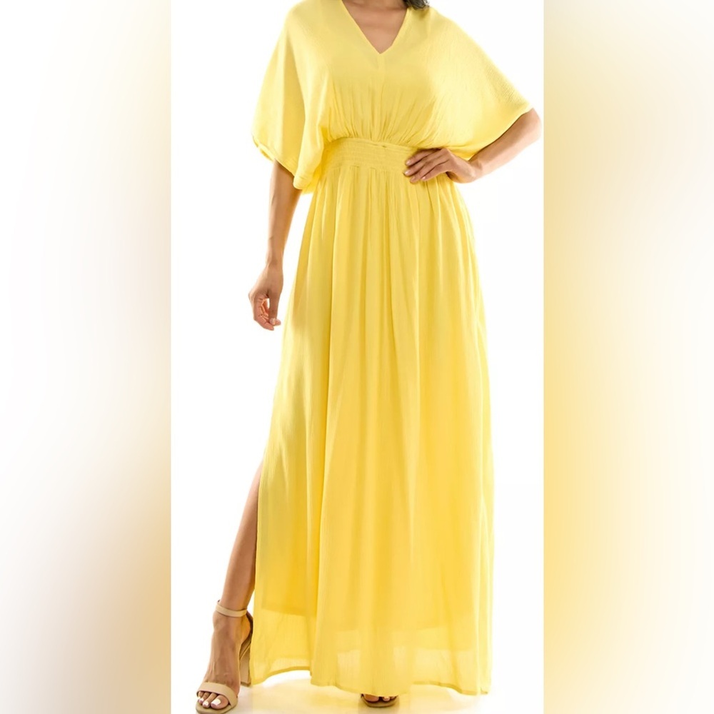Nina Leonard | Gauze Smocked Summer Maxi Dress / Coverup | Canary Yellow | XL